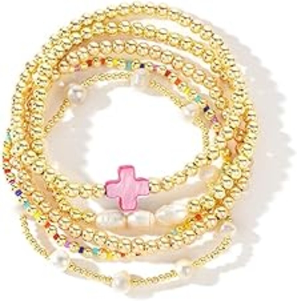SHINUS BOHO 14K Gold Pearl Beaded Cross Bracelets Stack Set for Women,Stretch Boho Colorful Christian Beads Ball Jewelry Trendy Gift