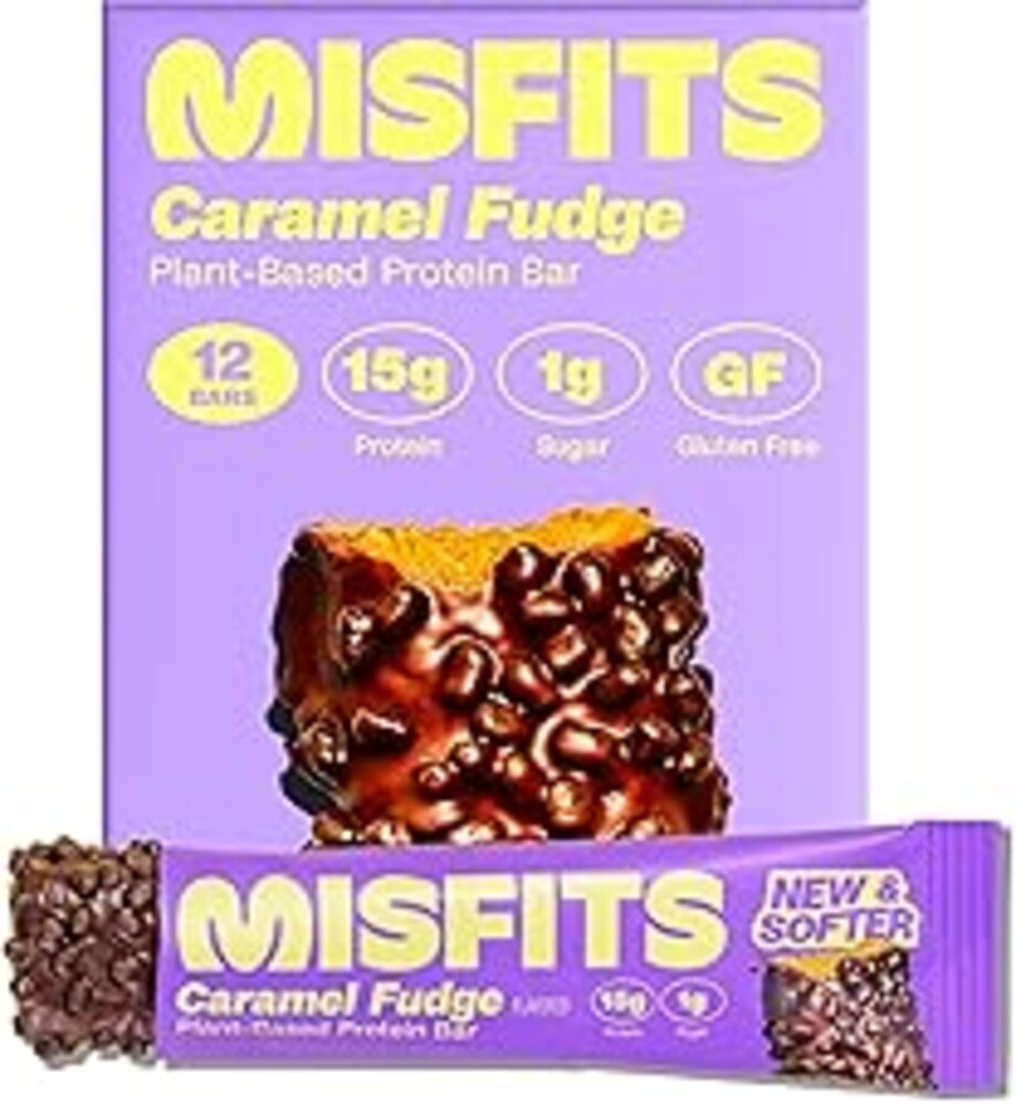 Misfits Vegan Protein Bars - Sweet Caramel Fudge | Nutrition Bars - 15g Protein, 1g Sugar, Plant-based, Low Carb, Non-GMO, Gluten Free Snacks | Pack of 12