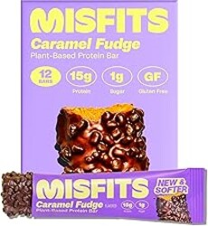 Misfits Vegan Protein Bars - Sweet Caramel Fudge | Nutrition Bars - 15g Protein, 1g Sugar, Plant-based, Low Carb, Non-GMO, Gluten Free Snacks | Pack of 12