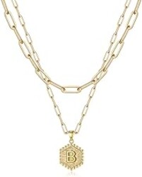 M MOOHAM Dainty Initial Necklaces for Women, 14K-Gold-Plated Layering Necklace for Women Cute Hexagon Letter Initial Necklace Layered Necklaces for Womens Teen Girl Gifts