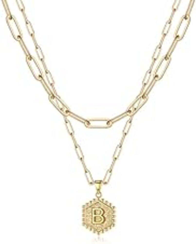 M MOOHAM Dainty Initial Necklaces for Women, 14K-Gold-Plated Layering Necklace for Women Cute Hexagon Letter Initial Necklace Layered Necklaces for Womens Teen Girl Gifts