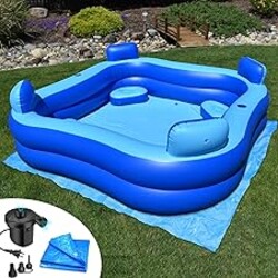 Inflatable Pool w/Seats & Headrests, 8ft x 8ft, Comes with Electric Pump and Ground Tarp Included - Fast Setup and Reinforced Seams