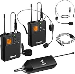 TONOR UHF Wireless Microphone System with Headset Lavalier Lapel Mic, Bodypack Transmitter, Rechargeable Receiver, 2 * 15 Channels 60 m/200ft Range 1/4" Output for Recording, 2 Bodypack Mics