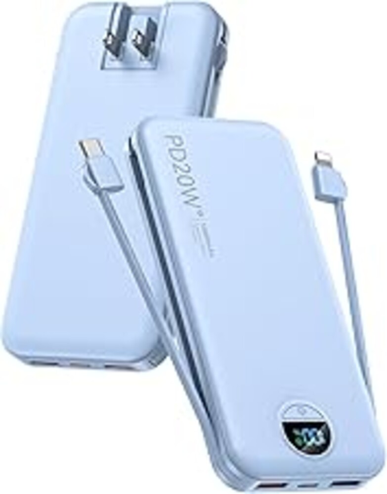 Portable Charger with Built-in Cables and Wall Plug, 10000mAh PD20W USB C Power Bank Fast Charging with LED Display, External Battery Pack Travel Essentials Compatible with iPhone, iPad, Samsung Blue