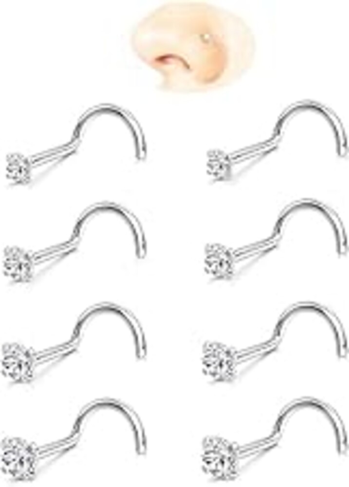 Nose Rings Studs: 8Pcs 20G/18G Gold/Silver 316L Surgical Stainless Steel Nose Studs Hypoallergenic Corkscrew Nose Piercing Stud Jewelry for Women Men Clear Cubic Zirconia Imitation Diamond Top Size 1.5mm 2mm 2.5mm 3mm