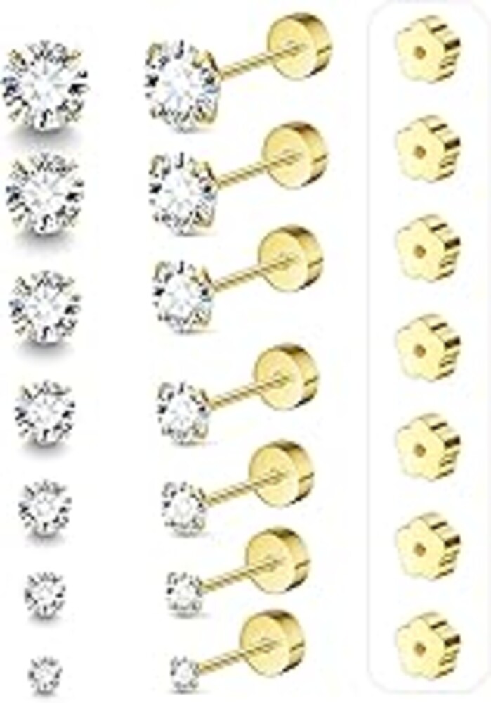 7 Pairs 20G Flat Back Stud Earrings for Women Men Hypoallergenic 14K Gold Plated Surgical Steel Stack Cartilage Earrings for Multiple Piercing Sensitive Ears Bonus Plum Blossom FlatBack Studs CZ 2-8mm