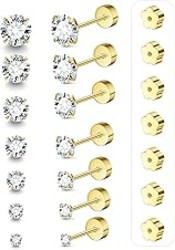 7 Pairs 20G Flat Back Stud Earrings for Women Men Hypoallergenic 14K Gold Plated Surgical Steel Stack Cartilage Earrings for Multiple Piercing Sensitive Ears Bonus Plum Blossom FlatBack Studs CZ 2-8mm