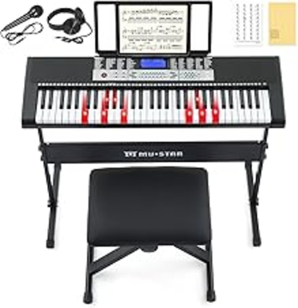 61 Key Piano Keyboard, Electric Keyboard Piano with Light-Up Keys, 255 Tones/Rhythms, Smart Learning System, Headphone, Microphone, Keyboard Stand, Stool, Stickers, Piano Keyboard Set for Beginners