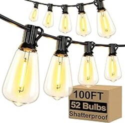 Brightever LED Outdoor String Lights 100FT Patio Lights with 52 Shatterproof ST38 Vintage Edison Bulbs, Outside Hanging Light Waterproof for Porch, Deck, Garden, Backyard, Balcony, 2700K Dimmable