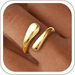 Non Tarnish Gold Chunky Rings for Women, 14K Gold Plated Statement Dome Rings Stacking Silver, Adjustable Mens Eternity Wedding Band Mixed Metal Jewelry Size 3-13
