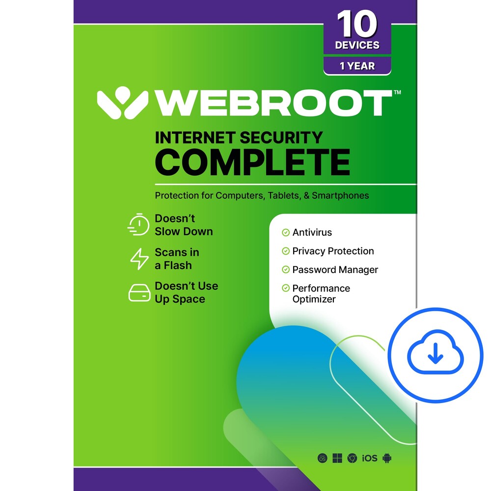 Webroot Internet Security Complete Antivirus Software 2026 10 Device 1 Year Download for PC/Mac/Chromebook/Android/IOS + Password Manager, Performance Optimizer