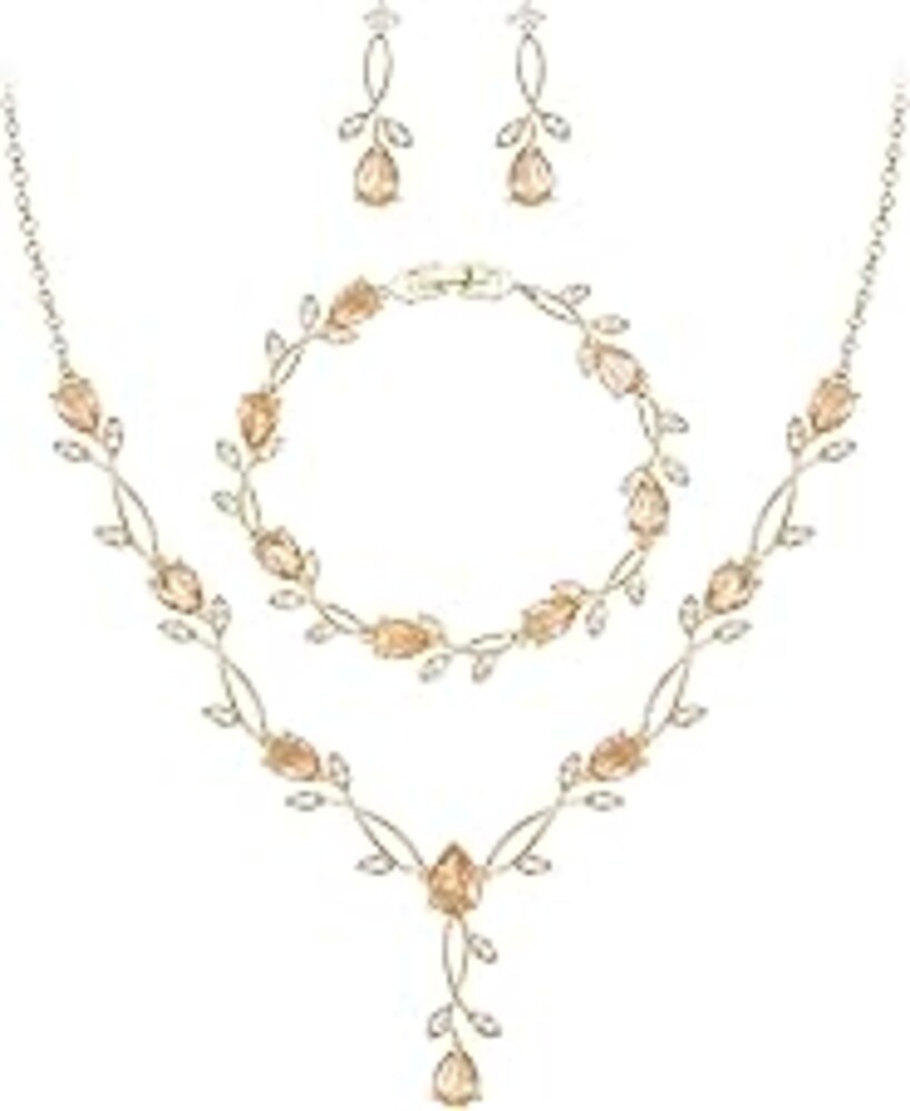 EVER FAITH Bridal Cubic Zirconia Jewelry Sets for Women, White Simulated Pearl Leaf Vine Pendant Wedding Party Necklace Earrings Set for Bridesmaid Bride