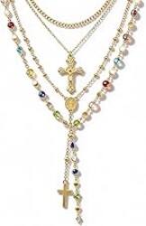 4PCS Layered Gold Cross Necklaces for Women Trendy, Bohemian Bead Pearl Y Long Pendant Necklace Set, Vintage Rosary Necklace Stack Adjustable Length