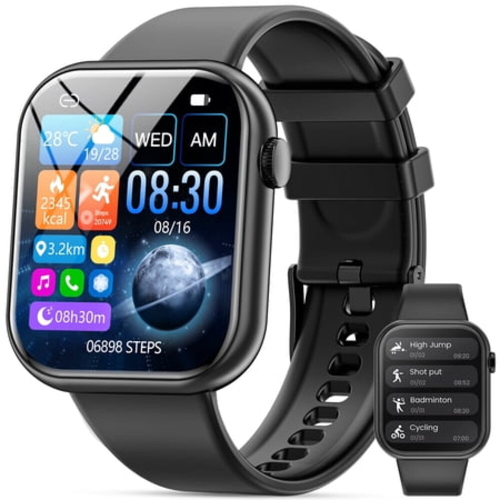 Mingdaln 1.85" HD Men Women's Smart watch，with Answer Make Calls/120+Sports Modes/10 Days Standby, IP68 Waterproof Fitness Tracker fits for Android Iphone Devices,perfect gift （ Black）