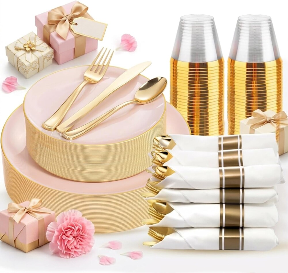 KIRE 175PCS Pink Plates Disposable - Heavy Duty Pink and Gold Plastic Plates Dinnerware Sets - 25 for Dinner 25 for Dessert 25 Pre Rolled Napkins 25Cups for Spring/Wedding/Party/Baby Shower