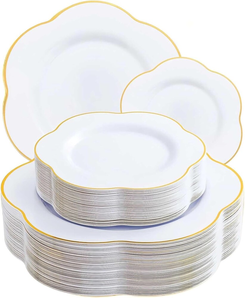 Liacere 50PCS White Plastic Plates - Heavy Duty Disposable - White and Gold Plastic Plates Include 25PCS 7inch and 10inch plates for Party & Baby Shower Gifts