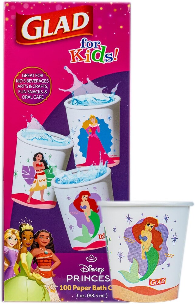 Glad for Kids Disney Princess Disposable Mini Paper Cups for Bathroom Rinsing and Parties, Heavy Duty Soak Proof Paper Cups for Kids, Colorful Princess Designs, 3 Ounce, 100 Count