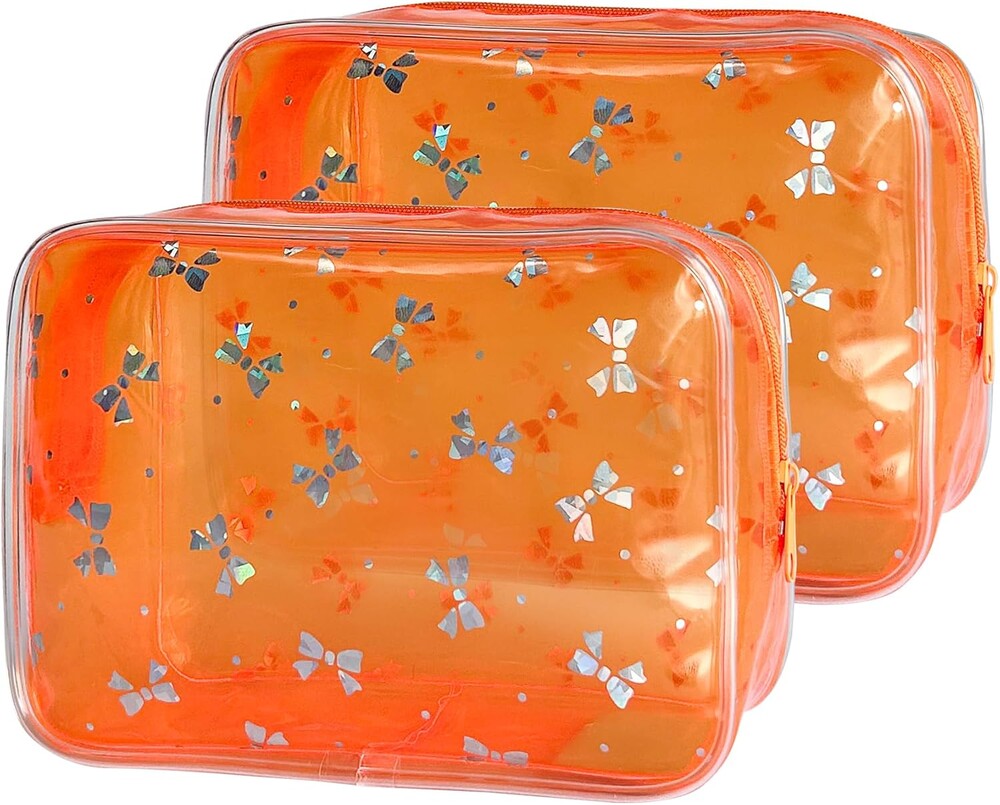 2set Neon TSA Approved Clear Toiletry Pouch, 7"x2.3"x4.7" Size, PVC Travel Makeup Bags for Toiletries, Transparent Cosmetic Bag for Women and Men Small (Bow+Orange)