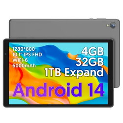 Android 14 Tablet 10 inch Tablets, 4GB+32GB+1TB Expandable, Quad-core, WiFi, Dual Camera