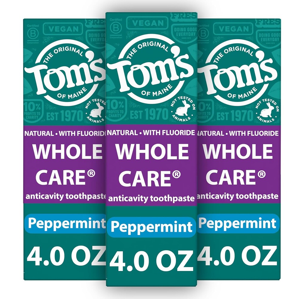 Tom's of Maine Whole Care Natural Toothpaste with Fluoride, Peppermint, 4 oz. 3-Pack (Packaging May Vary)