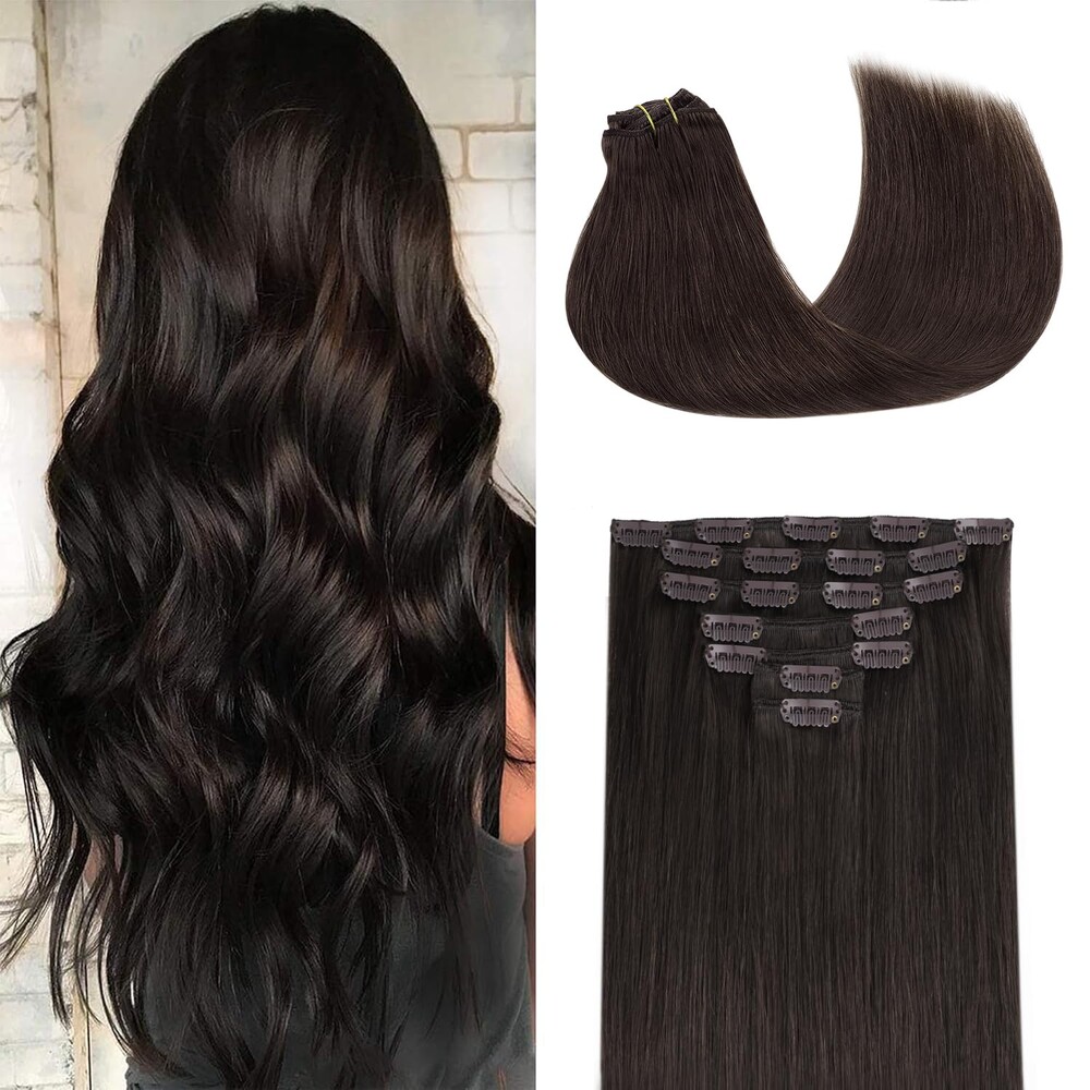 GOO GOO Clip in Hair Extensions Real Human Hair, Remy Human Hair Extensions Clip ins for Women, Natural Human Hair, 20inch 120g 7Pcs, 2 Dark Brown