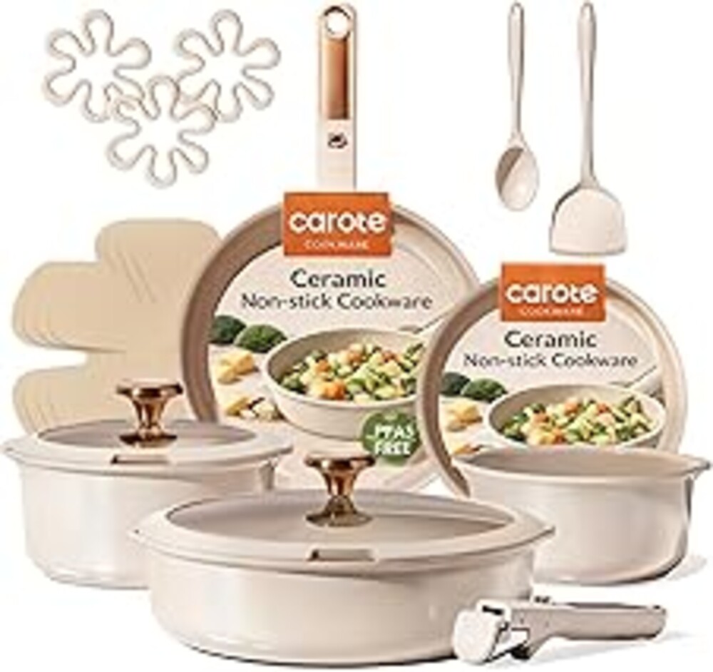 CAROTE 18Pcs Ceramic Cookware Set with Detachable Handle, Pots and Pans Set Non Stick, Non Toxic Cookware Set Removable Handles, Induction Kitchen Cookware Sets, Dishwasher/Oven Safe