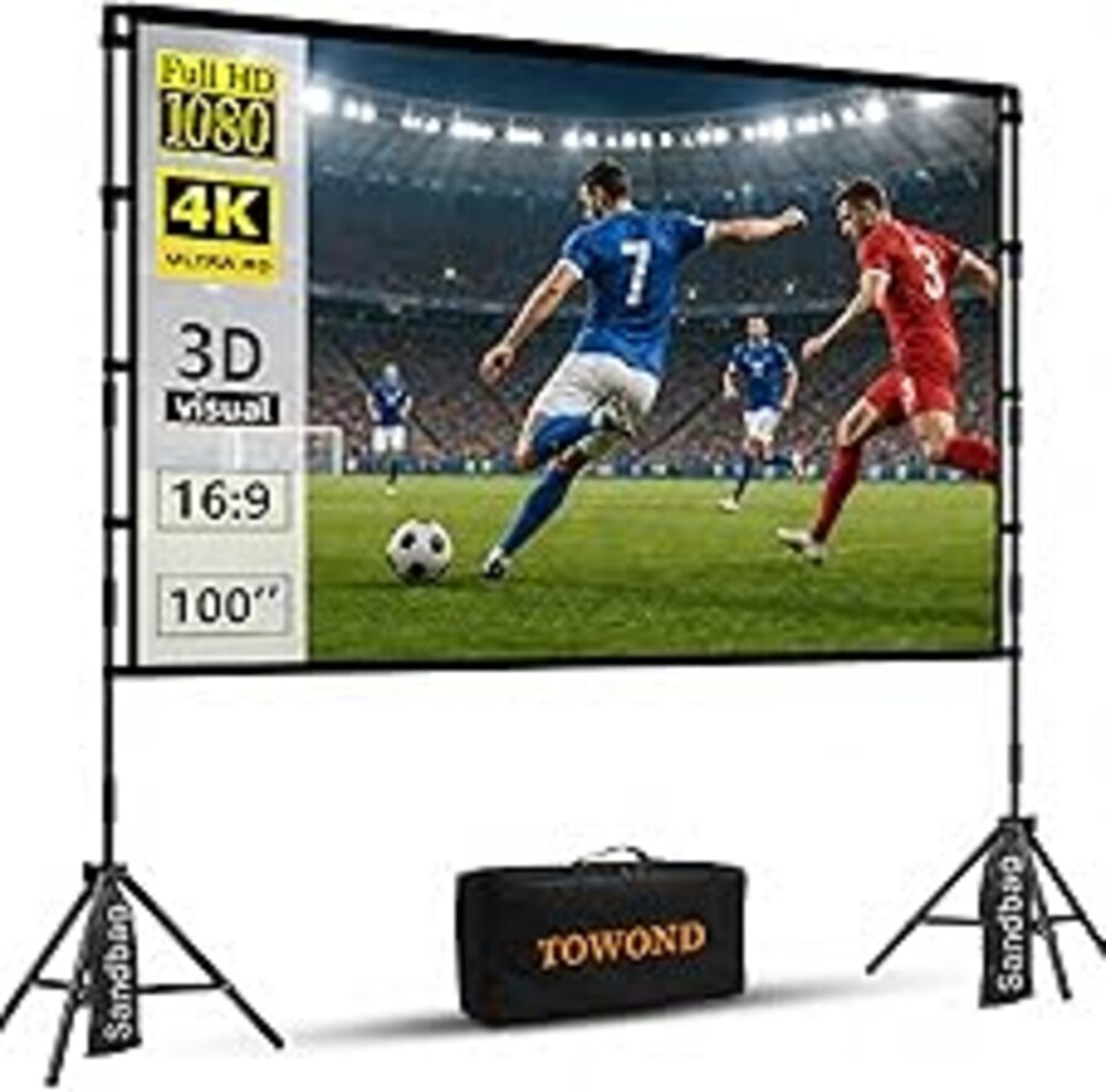 TOWOND Projector Screen with Stand, 100 inch Outdoor Projector Screen Portable Indoor Projection Screen 16:9 4K Rear Front Movie Screen with Carry Bag for Home Backyard Theater 100 inch