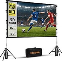 TOWOND Projector Screen with Stand, 100 inch Outdoor Projector Screen Portable Indoor Projection Screen 16:9 4K Rear Front Movie Screen with Carry Bag for Home Backyard Theater 100 inch