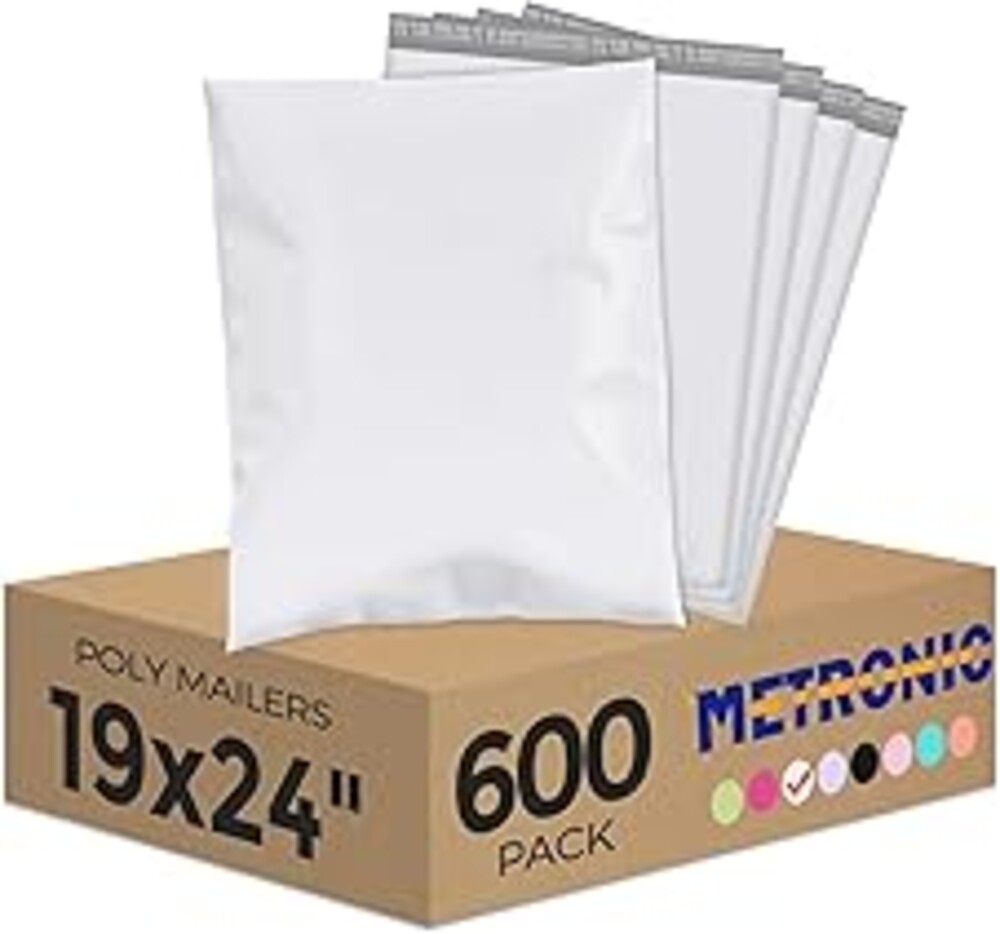 Metronic Poly Mailers 19x24 Inch 600Pcs | Large Shipping Bags for Clothing, Small Business | Strong Thick Mailing Bags with Self Adhesive | Waterproof and Tear-Proof Large Package Bags in White