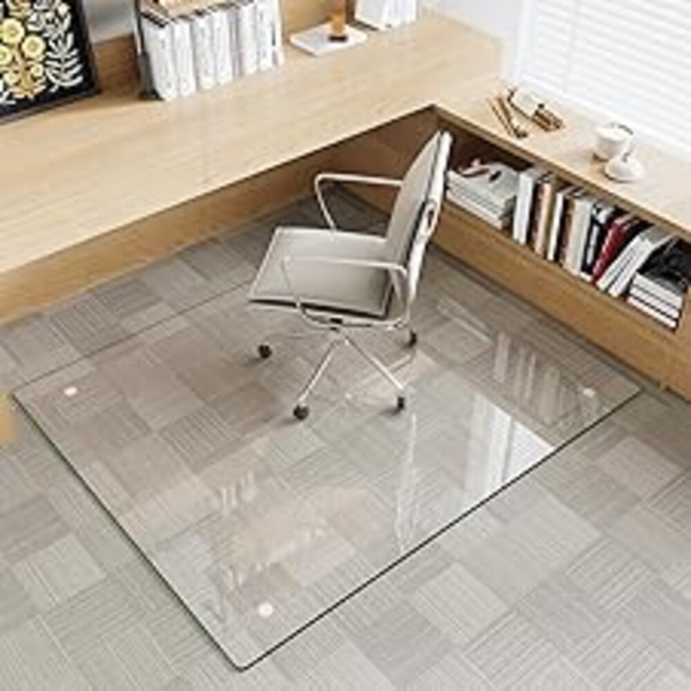 Tempered Glass Chair Mat for Carpet & Hard Floor, 40"x48" Office Chair Mat - Heavy Duty & Scratch Resistant, Non-Slip Pads, Rounded Corners & Polished Edges