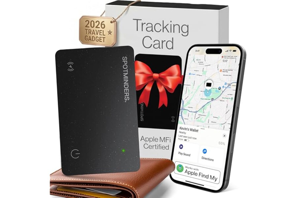 SPOTMINDERS Apple MFi Certified Wallet Tracker Card for Travel - Works with Apple Find My, IP68 Waterproof Rechargeable Track