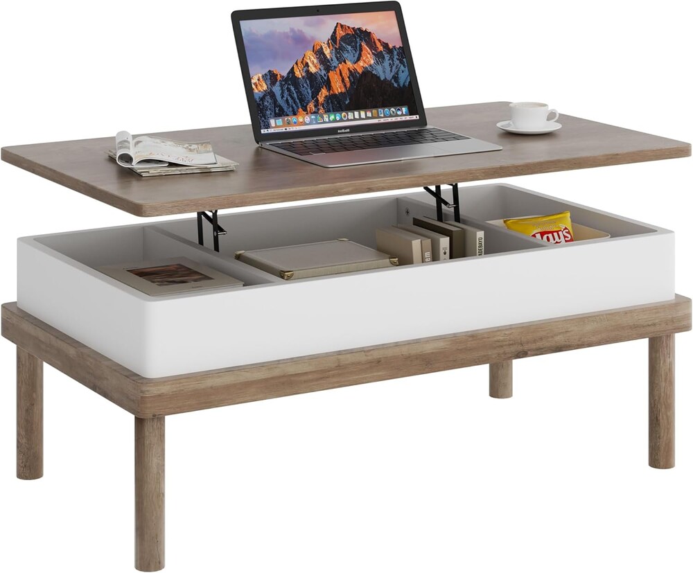 Shintenchi Coffee Table, Lift Top Coffee Table with Hidden Compartment, Rising Tabletop Dining Table, Lift Top Coffee Center Table for for Living Room, Office, Home (Ivory)