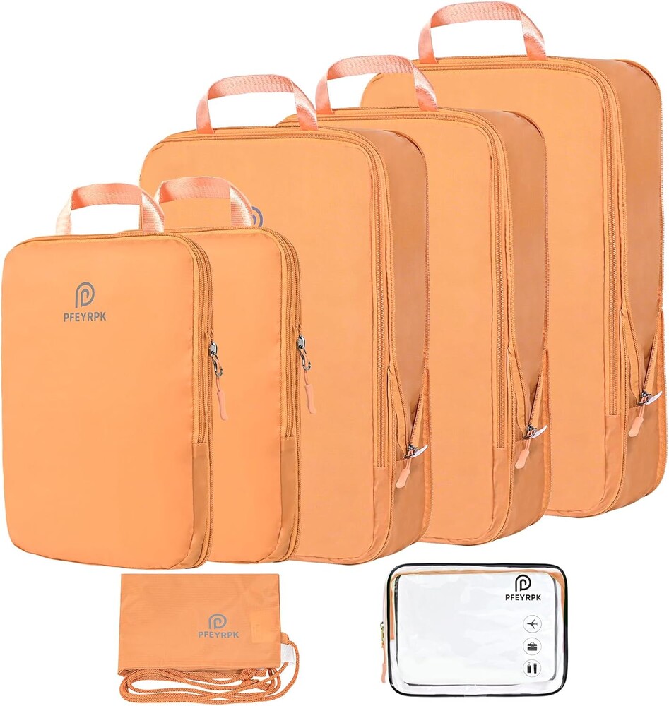 PFEYRPK Lightweight Compression Packing Cubes for Suitcases, Compressible Expandable Travel Packing Organizer with Clear Toiletries and Backpack Bag, Travel Essentials for Carry on Luggage 7 Set
