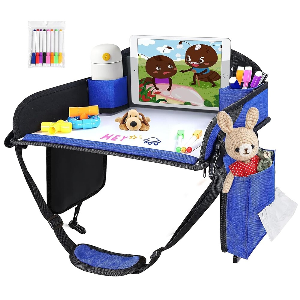 Kids Travel Tray for Car Seat, Toddler Road Trip Essentials with Dry Erase Board & Storage Organizer, Portable Carseat Lap Desk for Travel Activities, Blue