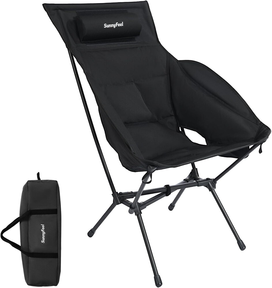 SUNNYFEEL Oversized Peded Camping Chair, Lightweight Folding Backpacking Chair with Head Support, Portable Outdoor High Back Chair for Hiking, Camping, Travel, Adults (Black)
