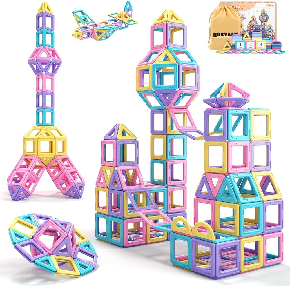 Rurvale Toddler Girl Toys, Magnetic Tiles 44pcs, Birthday Gifts Ideas for Girls Toys Age 2 3 4 5, Magnetic Blocks, Magnet STEM Montessori Toddler Kids Christmas Toy Gifts for 3 4 5 6 7 Year Old Girls