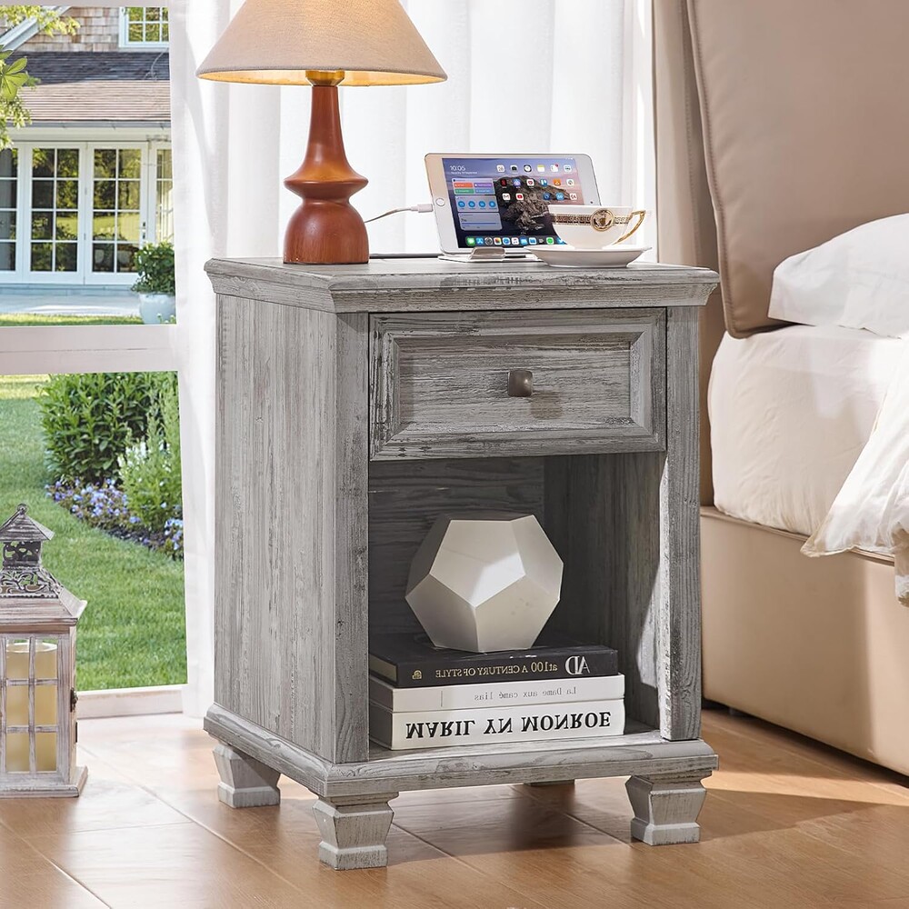 SAVOR LIFE Farmhouse Nightstand with Charging Station, Rustic Wood Nightstand with 1 Drawer, Bedside Table with Open Shelf for Bed Room, End Table for Living Room, Grey