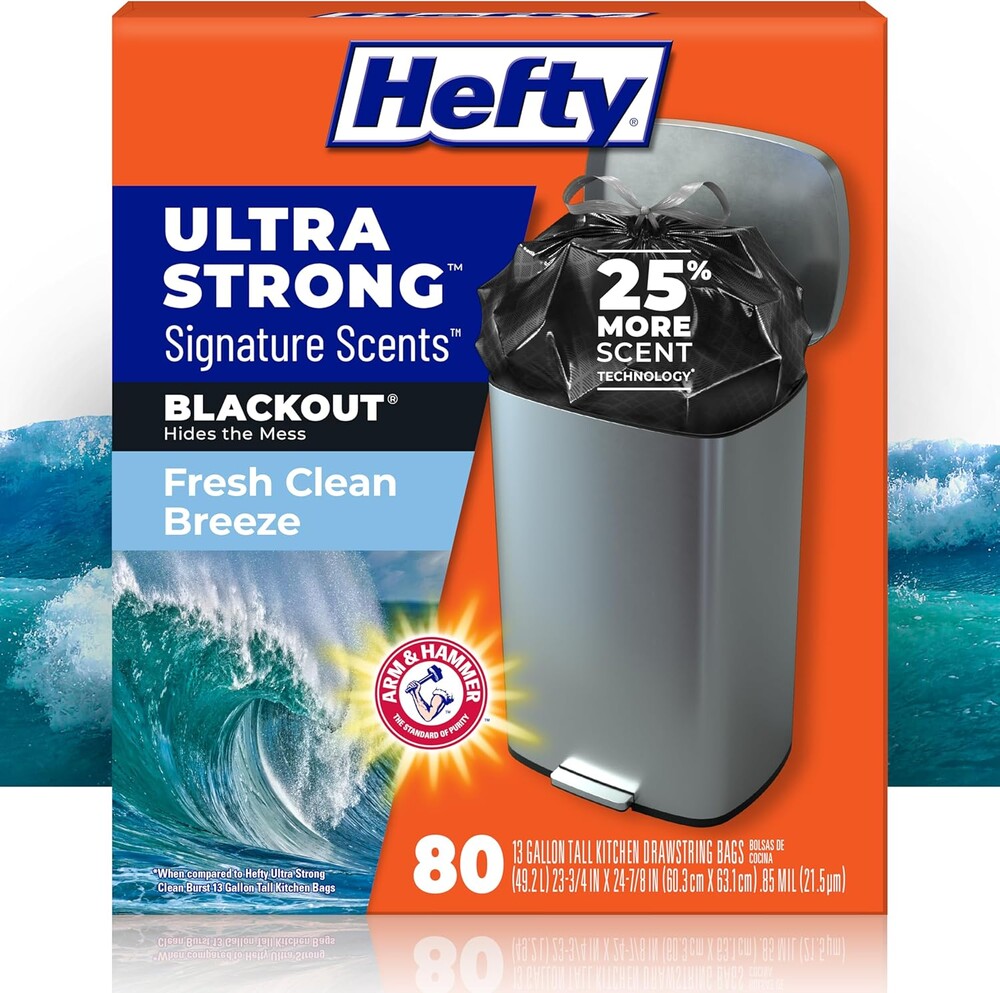 Hefty Ultra Strong Signature Scents 13 Gallon Trash Bags, Fresh Clean Breeze Scent, Tall Kitchen Trash Bags with 25% More Scent Technology, Blackout, 80 Count