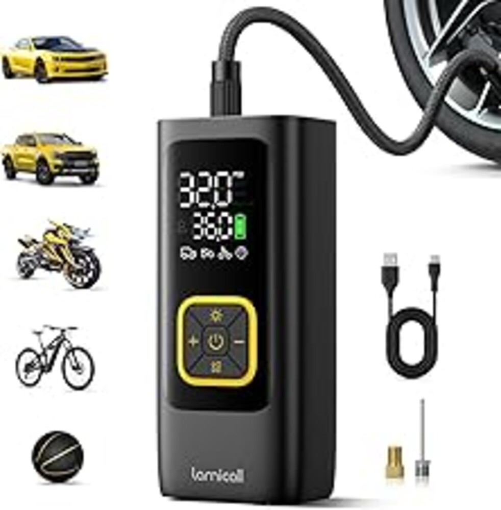 Lamicall Car Tire Inflator Portable Air Compressor, 4X Faster, 150 PSI | with Auto Stop, Rechargeable, Pressure Gauge Display, LED Light, Car Accessories Automatic Air Pump for Motorcycle Bike Ball