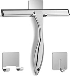 All-Purpose Stainless Steel Shower Squeegee for Shower Glass Door with 2 Adhesive Hooks, Bathroom Cleaner Tool Household Window Mirror Squeegee , Cleaning Tile Wall, Car, 10 Inch Silver