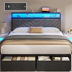 Queen Bed Frame with Upholstered Headboard, 2 Storage Drawers,Easy Assembly | Metal Platform with LED Lights, Charging Station, 2 Storage Shleves, No Box Spring Needed, Noise Free, Grey