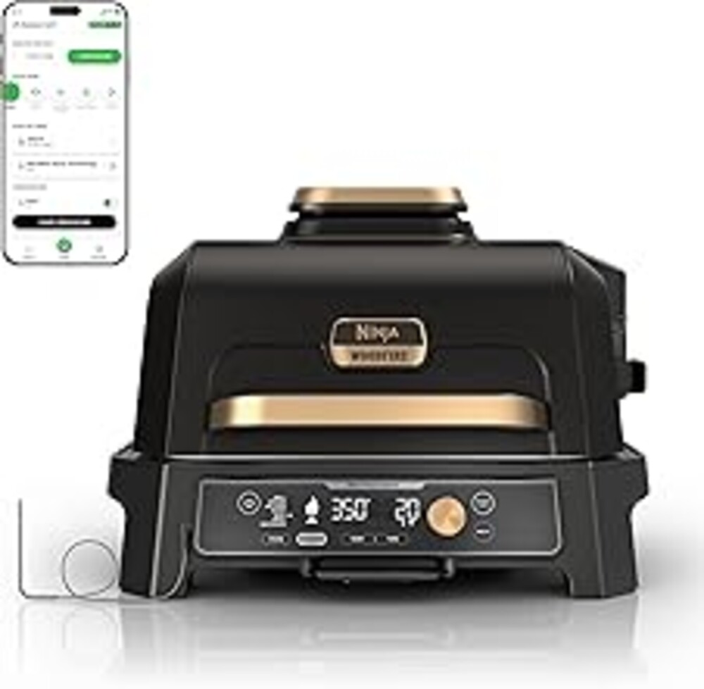 Ninja Woodfire Pro Connect XL Outdoor Grill & Smoker | Bluetooth, App Enabled | 7-in-1 Grill, BBQ Smoker, Outdoor Air Fryer | Woodfire Technology | Built-In Thermometer | Black & Gold | OG951BK1