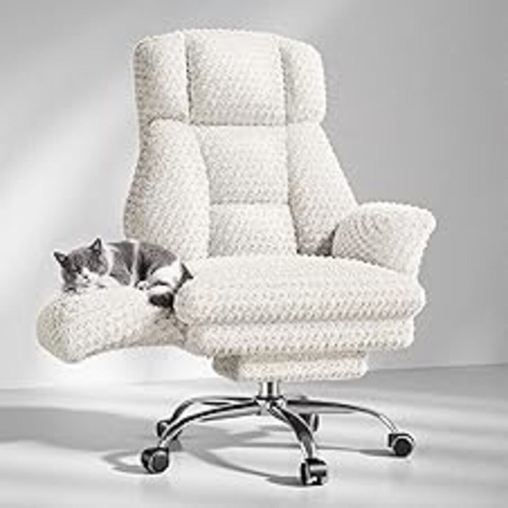HOMRELEXA Big and Tall Office Chair, Flip Armrests for Pets & Cross Legged Sitting, Executive Ergonomic Computer Gaming Chair with Foot Rest, White Rose Velvet Wide Seat Reclining Desk Chair
