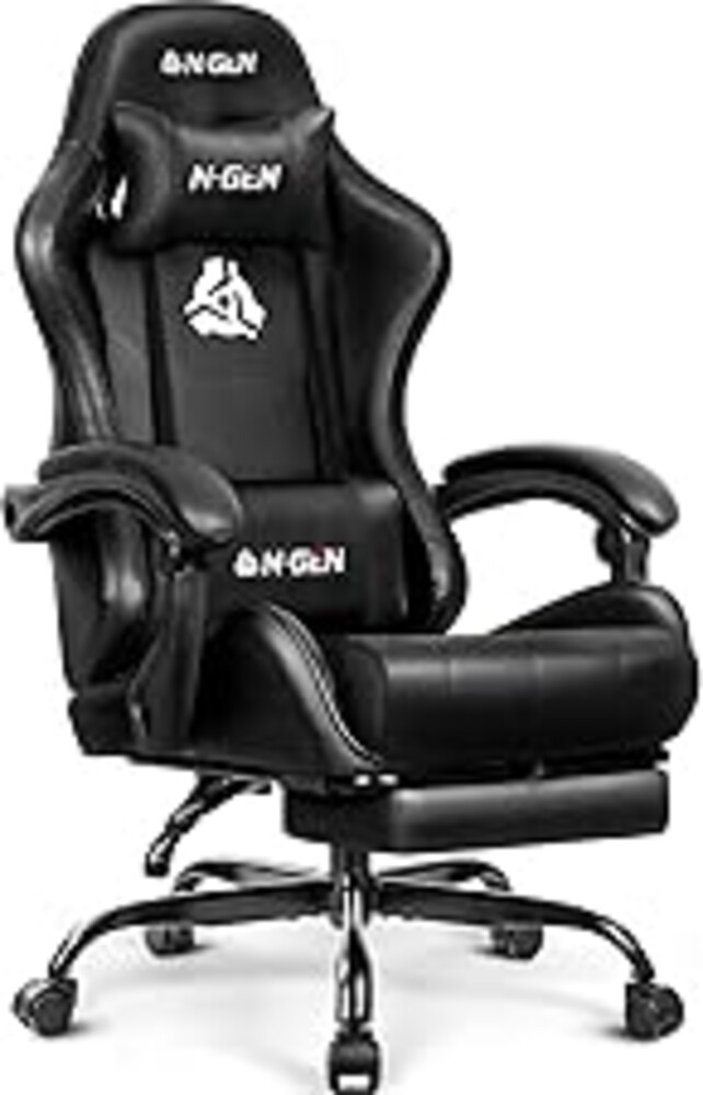 N-GEN GAMING Video Gaming Chair with Footrest Lumbar Support for Home Office High Back Recliner Height Adjustable Ergonomic Comfy Leather Computer Desk Chair (Carbon Black)
