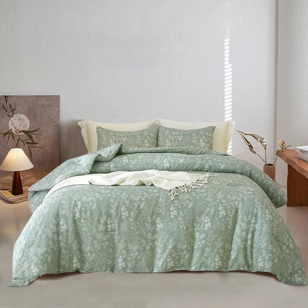 EAVD Vintage Style Sage Green Floral Duvet Cover Queen Soft Cotton Chic Shabby Garden Floral Pattern Bedding Set with 2 Pillowcases Fresh Botanical Duvet Cover with Zipper Closure