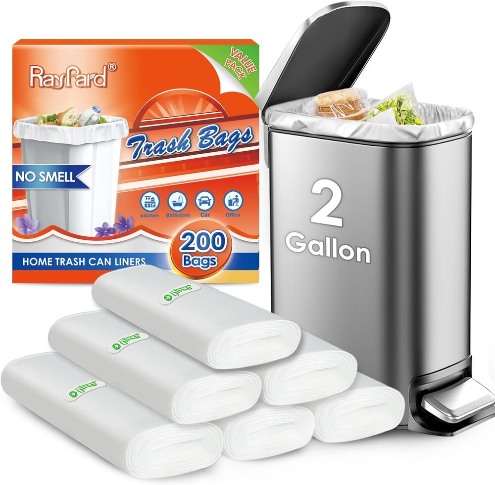 200 Counts 2 Gallon (1.8-2 Gal) Small Trash Bags Garbage Bags by RayPard, fit 1.6,1.8,2,2.2 Gal Waste Basket, 6.5-7 Liter Strong Trash Can Liners for Home Office Kitchen Bathroom Bedroom, Clear