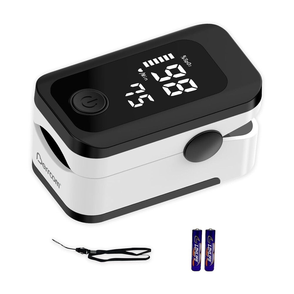 Berrcom Fingertip Pulse Oximeter, Blood Oxygen Saturation Monitor with Accurate SpO2 & Pulse Rate & Fast Readings, LED Display, Portable with Includes Batteries & Lanyard (Black)