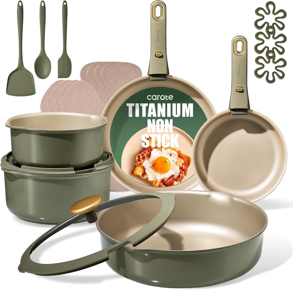 CAROTE 19 Pcs Pots and Pans Set, Nonstick Cookware Sets with Detachable Handle, Oven Safe, Cookware Non Stick Cooking Set w/Frying Pans & Saucepans Green(PFOS, PFOA Free)