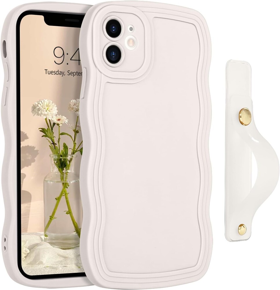 GUAGUA for iPhone 12 Case with Wrist Strap, iPhone 12 Wavy Phone Case,Cute Curly Wave Shape with Adjustable Wristband Kickstand Shockproof Protective Phone Case for iPhone 12 6.1'', Antique White