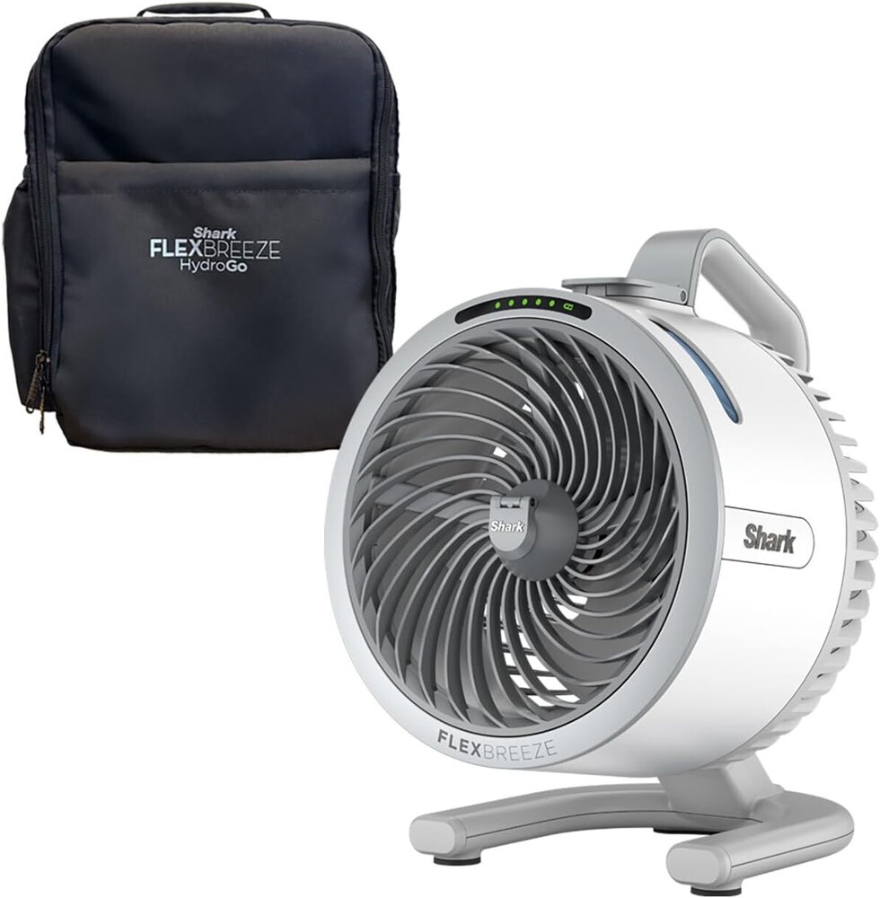 Shark FlexBreeze HydroGo Fan & Travel Bag — Ultra-powerful portable fan with indoor + outdoor evaporative mist. Corded & cordless, White, FA053BRN